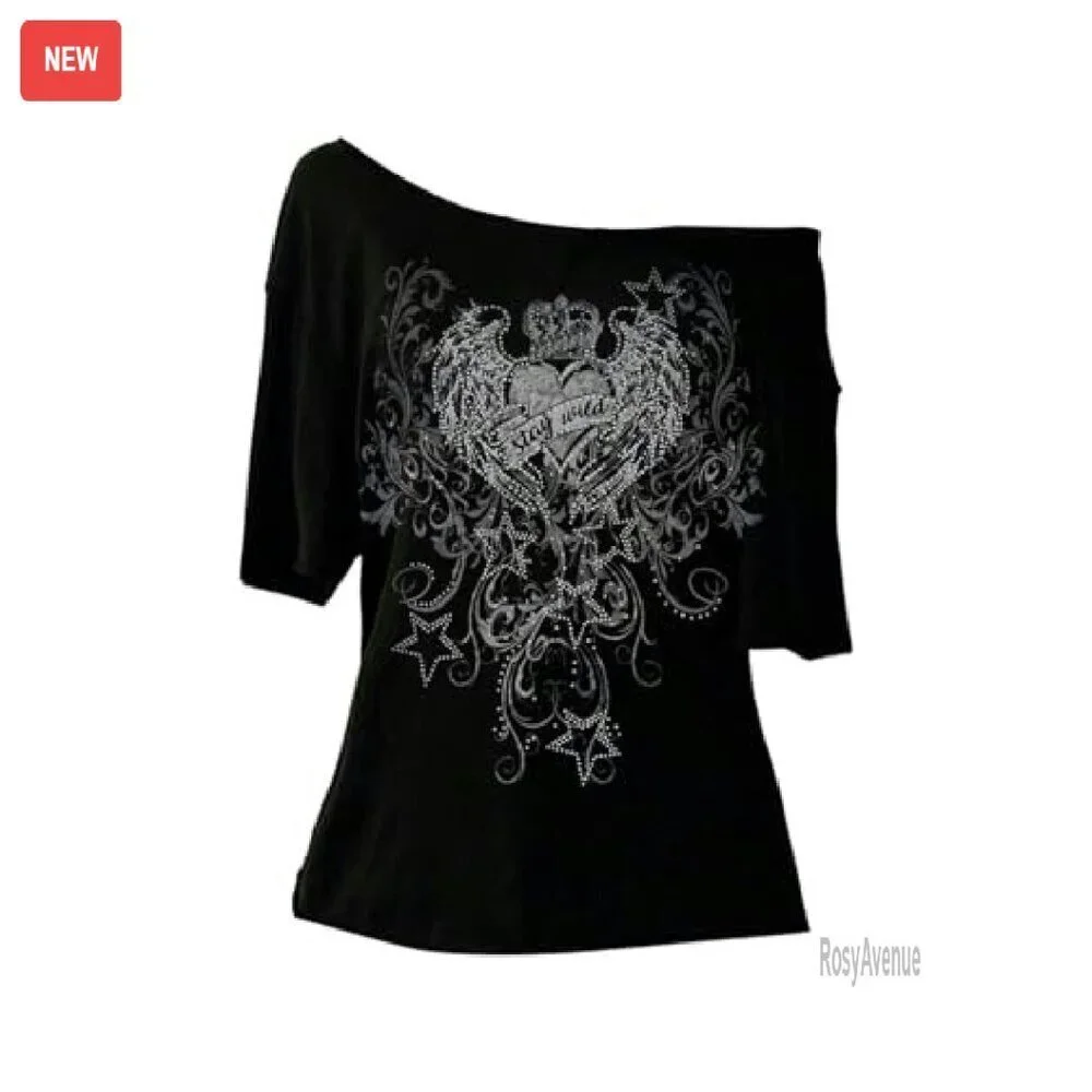 Oversized Off Shoulder Graphic Tee Short Sleeve Y2K Goth T-Shirt - Picture 2 of 6